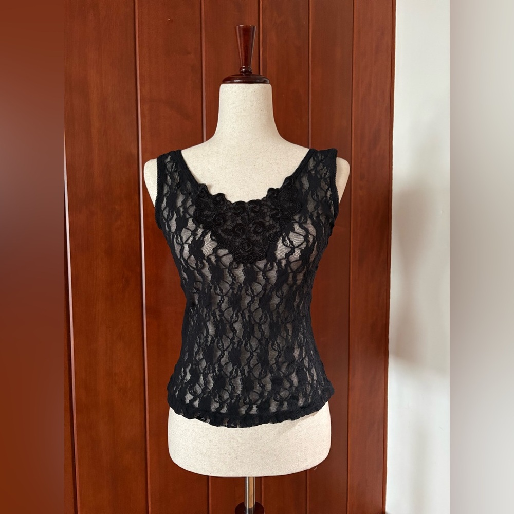 Vintage black lace sheer tank top